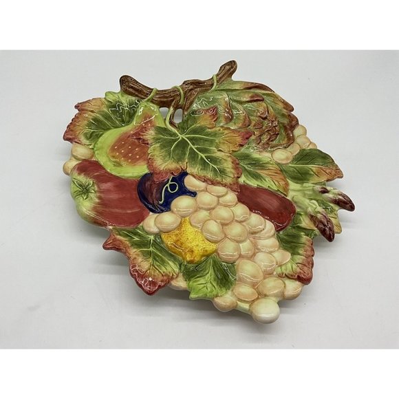 Fitz and Floyd Classic Leaf Shaped Fruit Pattern Plate with Hanging Wire Vintage - Picture 7 of 16
